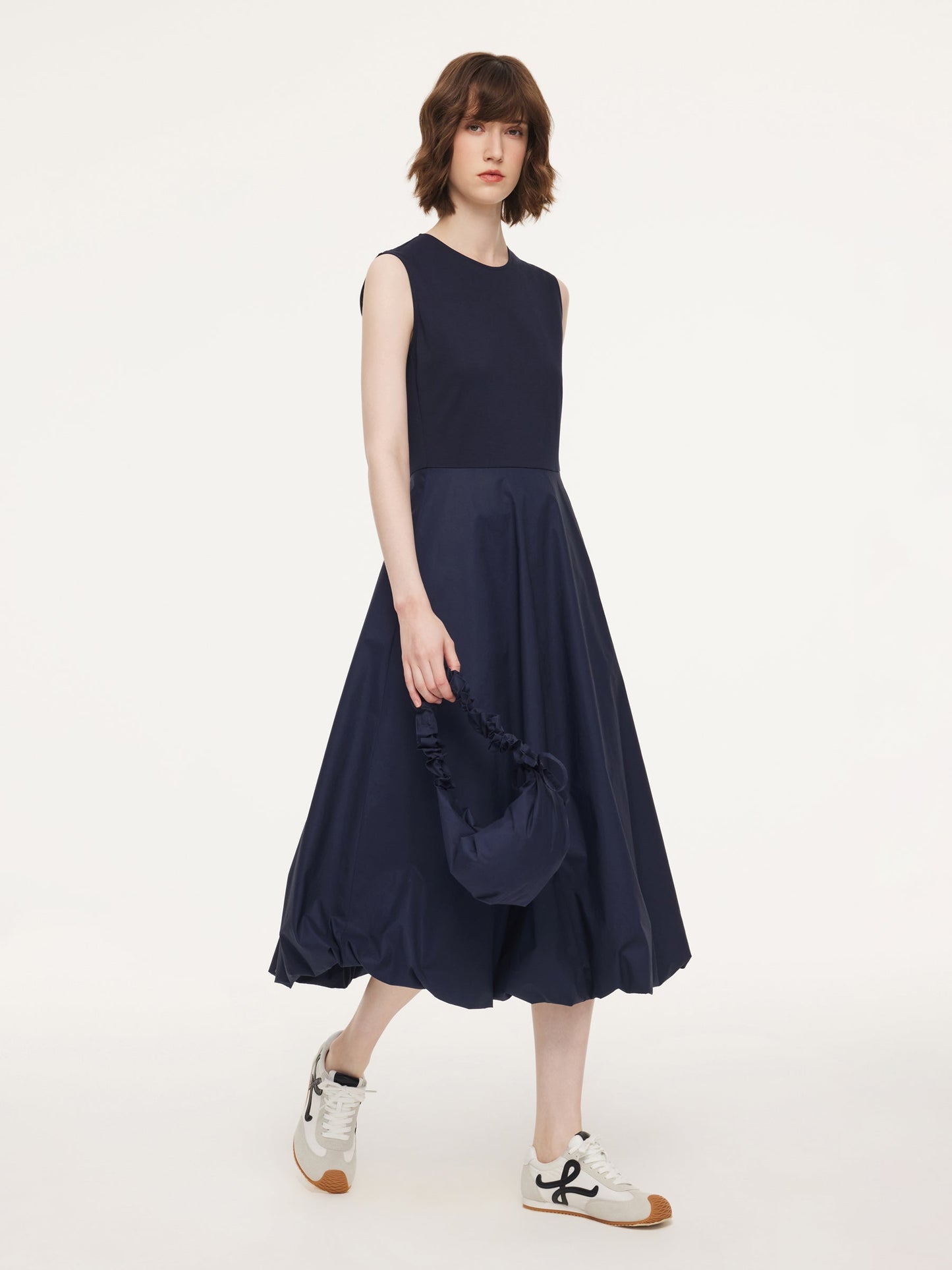 Dark Navy Bubble Hem Women Sleeveless Maxi Dress With Bag