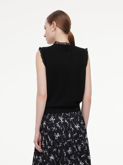 Jacquard Cut Out Neckline Women Ruffle Knit Tank Top