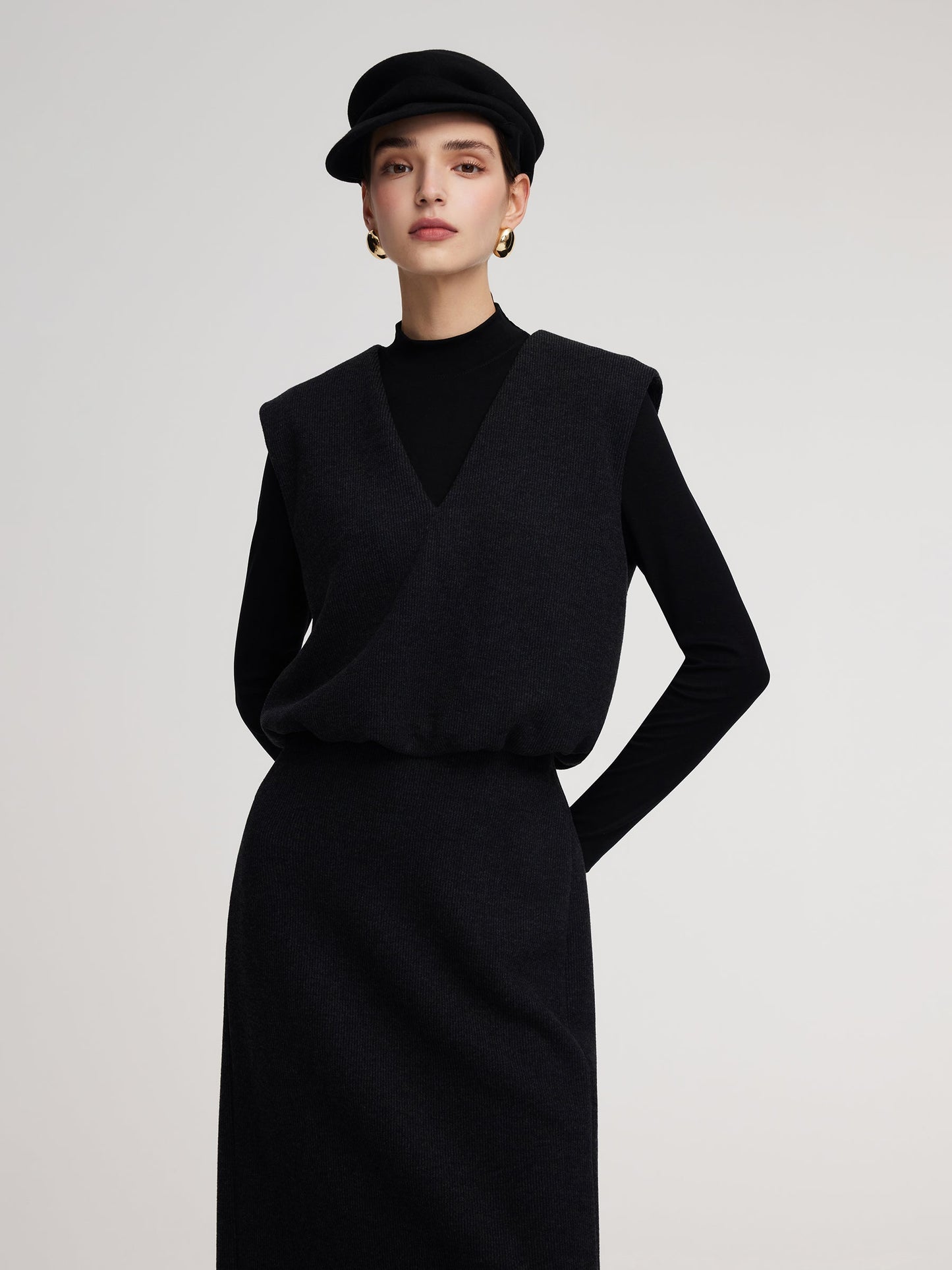 Knit Vest & Mock Neck Top & Skirt Three-Piece Set