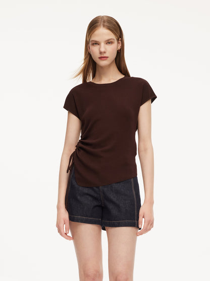 Lyocell Blend Side Drawstring Women Asymmetric Knit Top