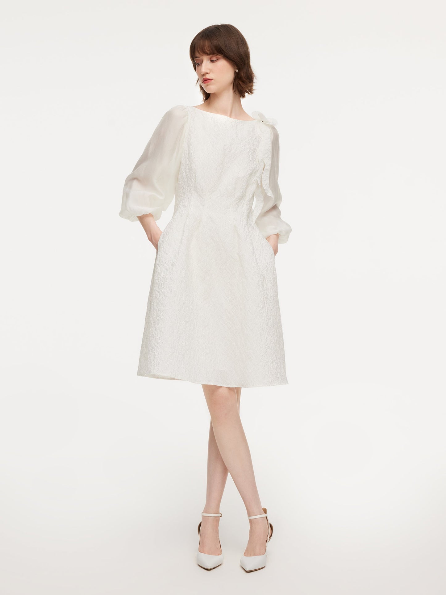 Jacquard Boat Neck Women Midi Dress With Detachable Flower