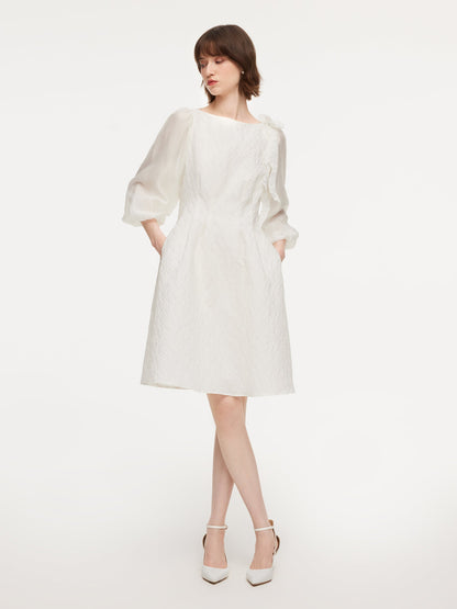 Jacquard Boat Neck Women Midi Dress With Detachable Flower