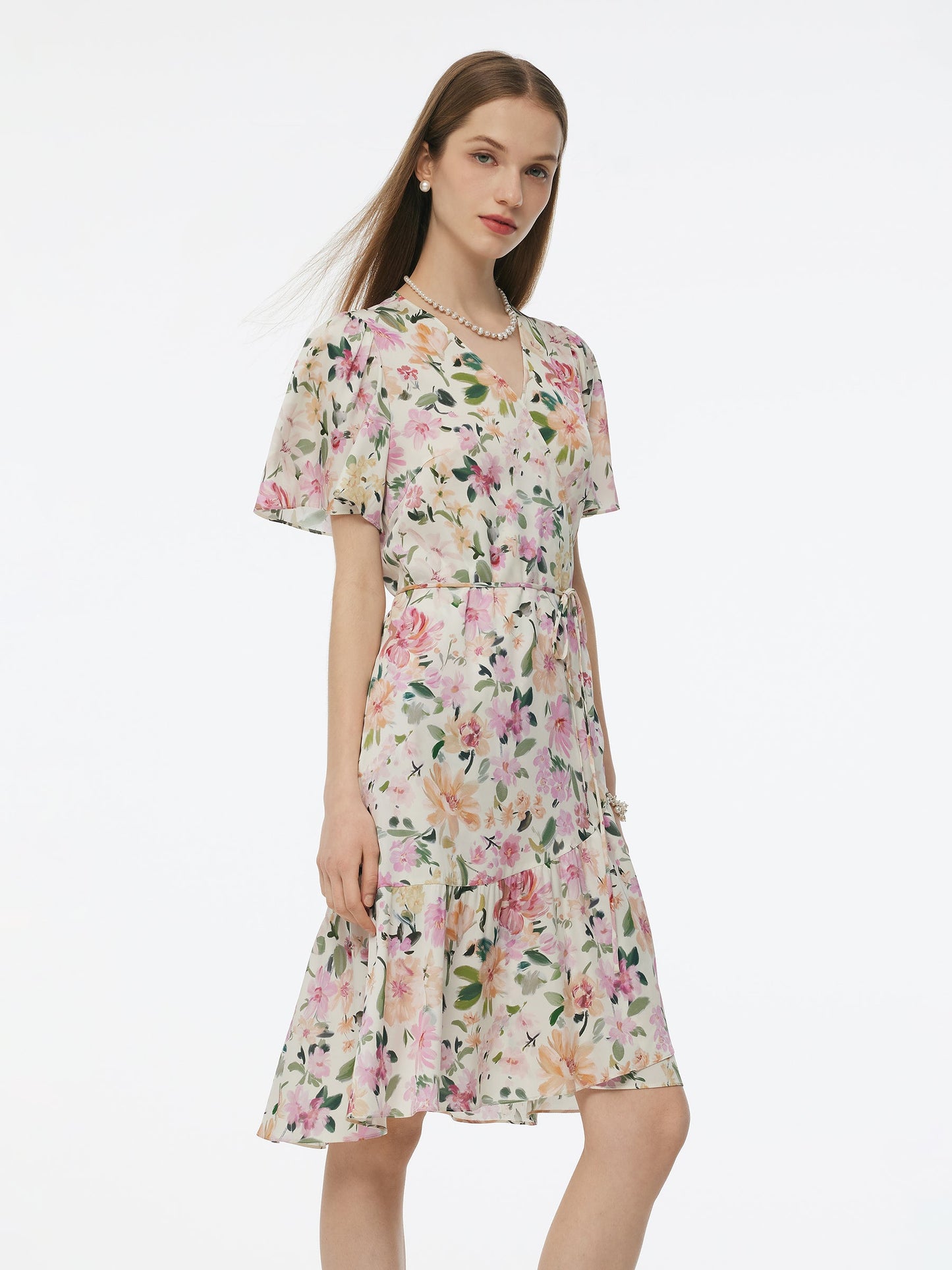 19MM Mulberry Silk Floral Print V-Neck Women Wrap Midi Dress