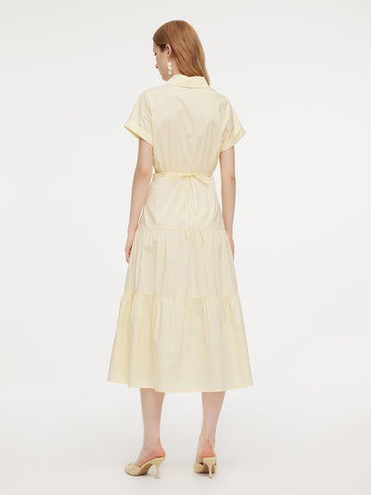 100% Cotton V-Neck Back Tie Women Maxi Shirt Dress
