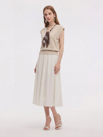 Pre-Order Silky Scarf Neck Knit Top And Acetate Blend Skirt Two-Piece Set