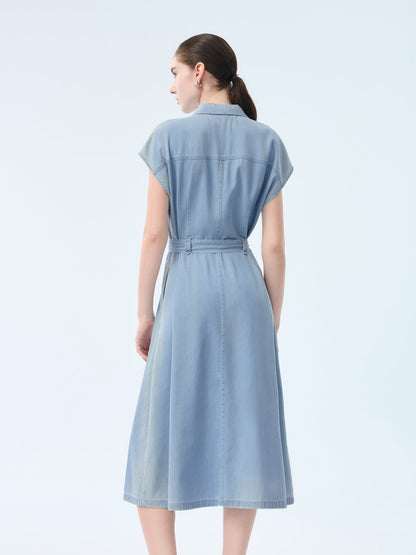 100% Cotton Denim Women V-Neck Maxi Shirt Dress With Belt