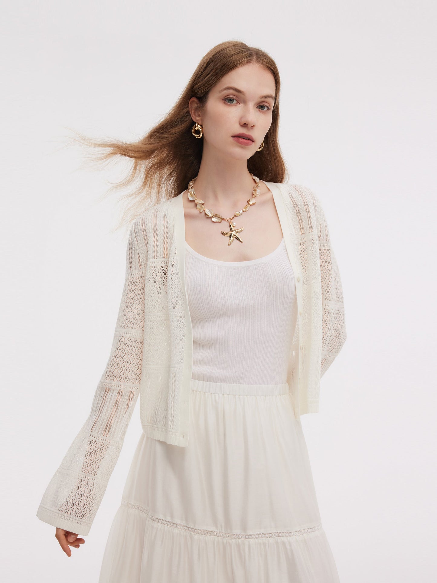 Tencel Blend Openwork Women Flared Sleeve Cardigan
