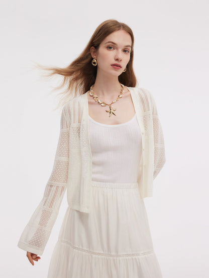 Tencel Blend Openwork Women Flared Sleeve Cardigan