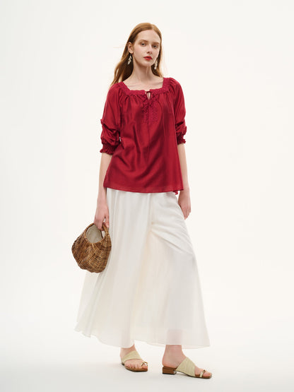 Tencel Blend Embroidered Square Neck Women Blouse