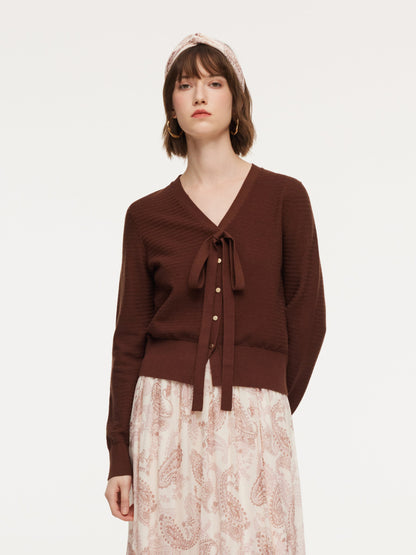 Tencel Wool Blend V-Neck Women Cardigan With Detachable Ribbon