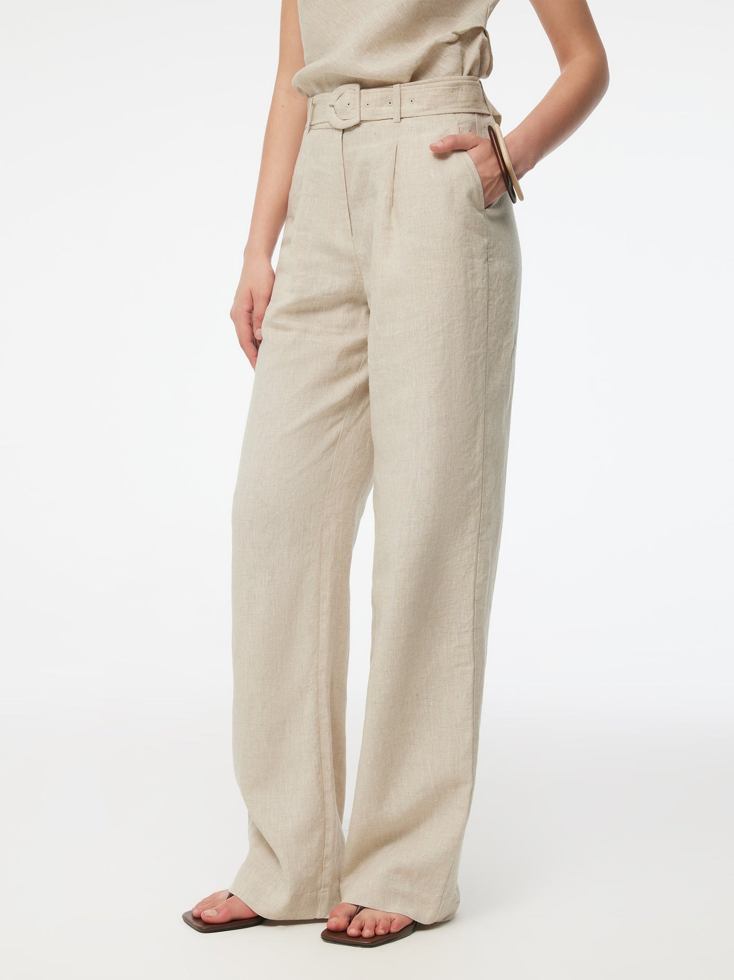 100% Linen Women Straight Leg Pants With Belt