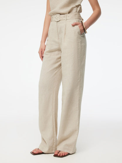 100% Linen Women Straight Leg Pants With Belt