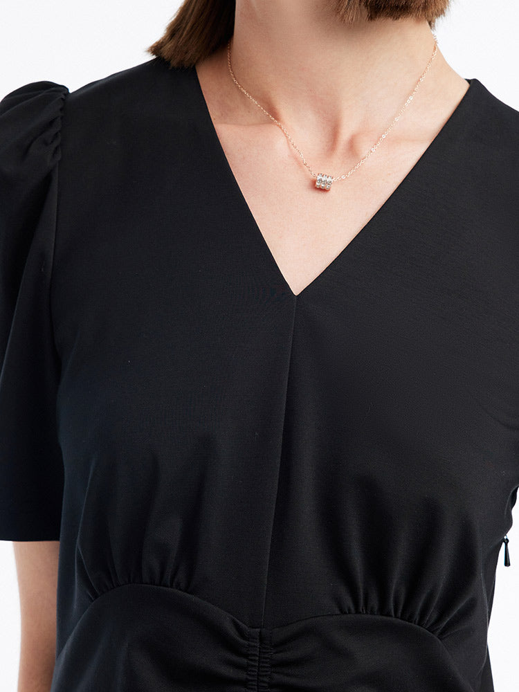 V-neck Pleated Midi Dress