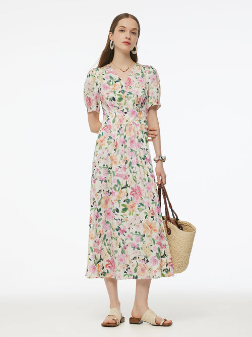 19MM Mulberry Silk Floral Print V-Neck Women Maxi Dress