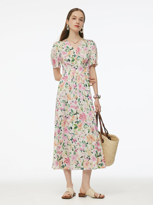 19MM Mulberry Silk Floral Print V-Neck Women Maxi Dress
