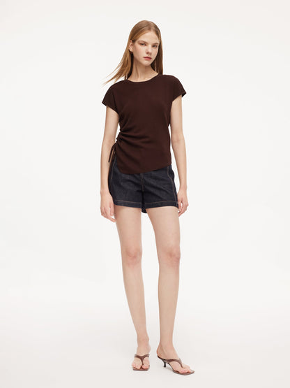 Lyocell Blend Side Drawstring Women Asymmetric Knit Top