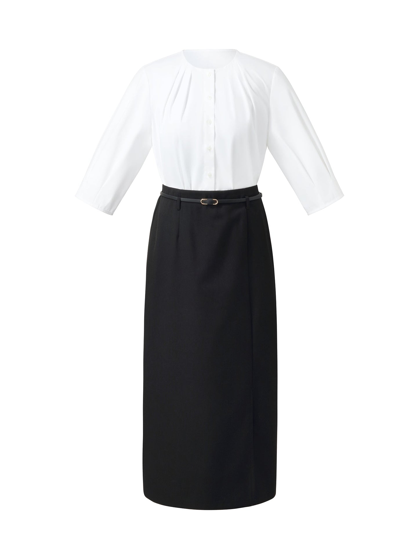 Pre-Order 3/4 Sleeve Shirt And Front Slit Skirt Two-Piece Set With Leather Belt