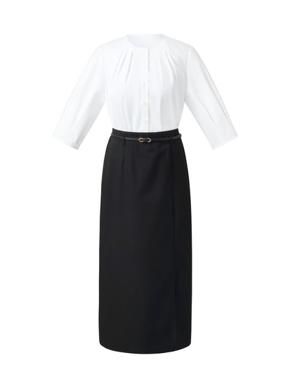 Pre-Order 3/4 Sleeve Shirt And Front Slit Skirt Two-Piece Set With Leather Belt