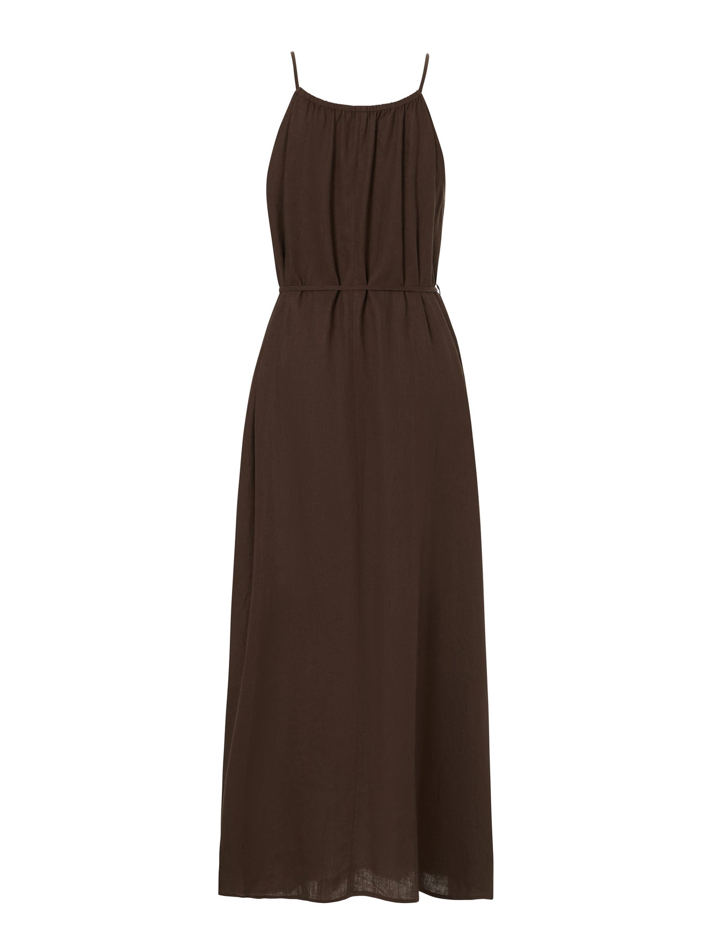 100% Linen Beaded Neck Women Strap Maxi Dress With Tie String Belt
