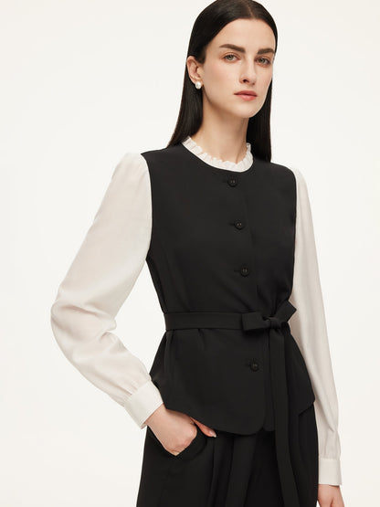 Four-Way Stretch Mock Layered Shirt And Pants Two-Piece Set With Self-Tie Belt