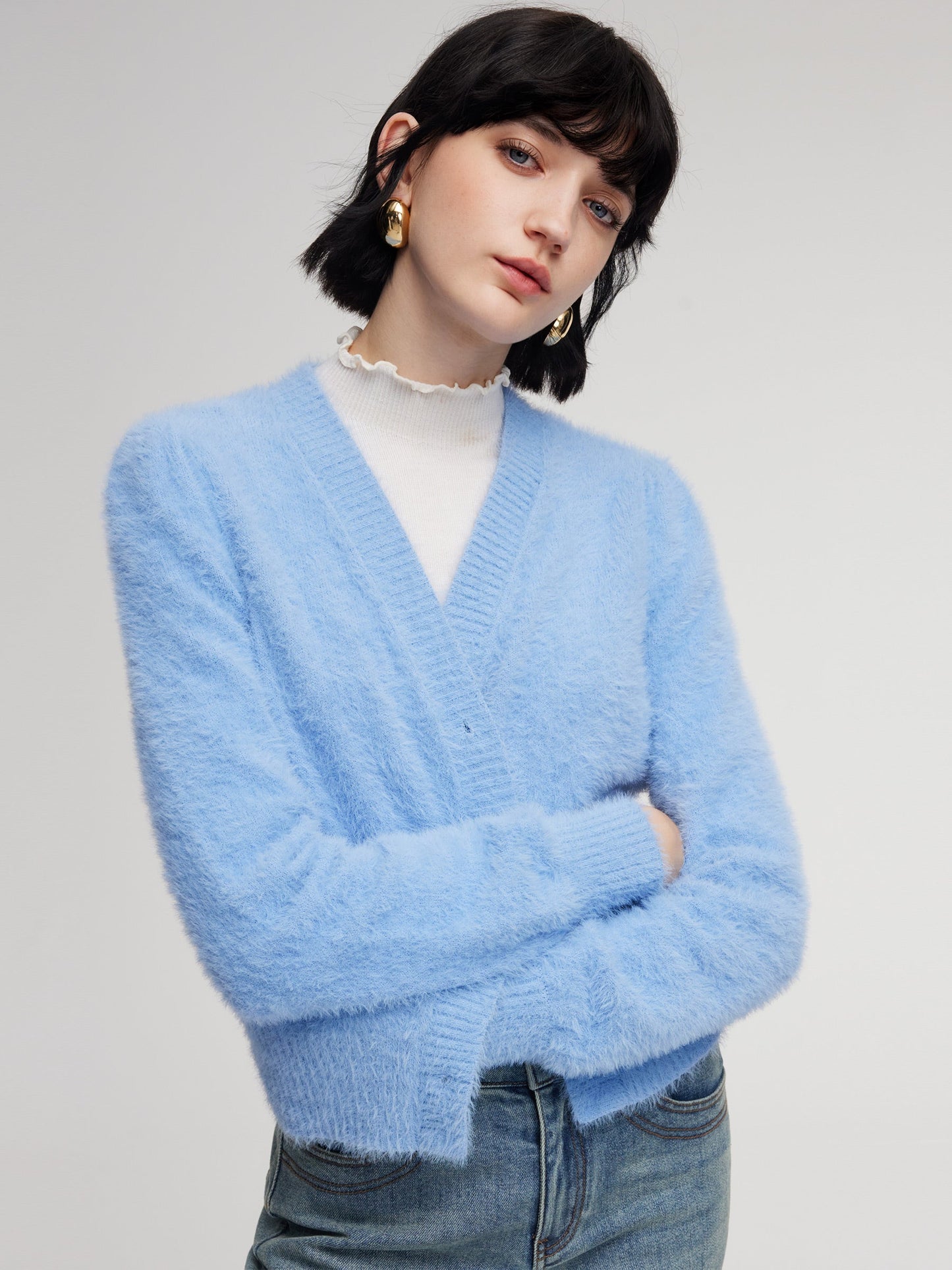 Faux Mink V-Neck Women Cardigan