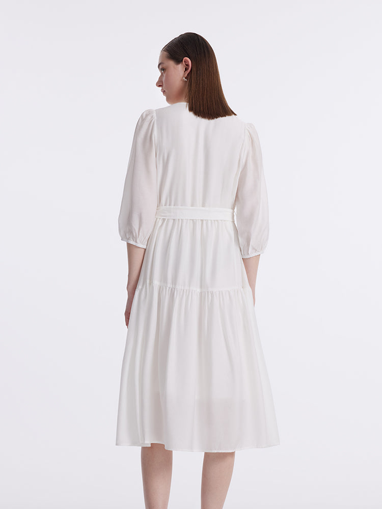 White V-Neck Gathered Waist Midi Dress