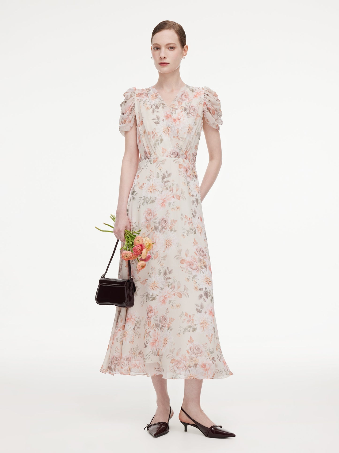 10MM Mulberry Silk Floral Print Women V-Neck Maxi Dress