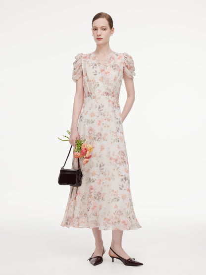 10MM Mulberry Silk Floral Print Women V-Neck Maxi Dress