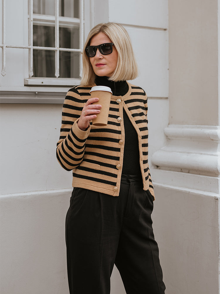 Button Up Woolen Striped Lady Cardigan