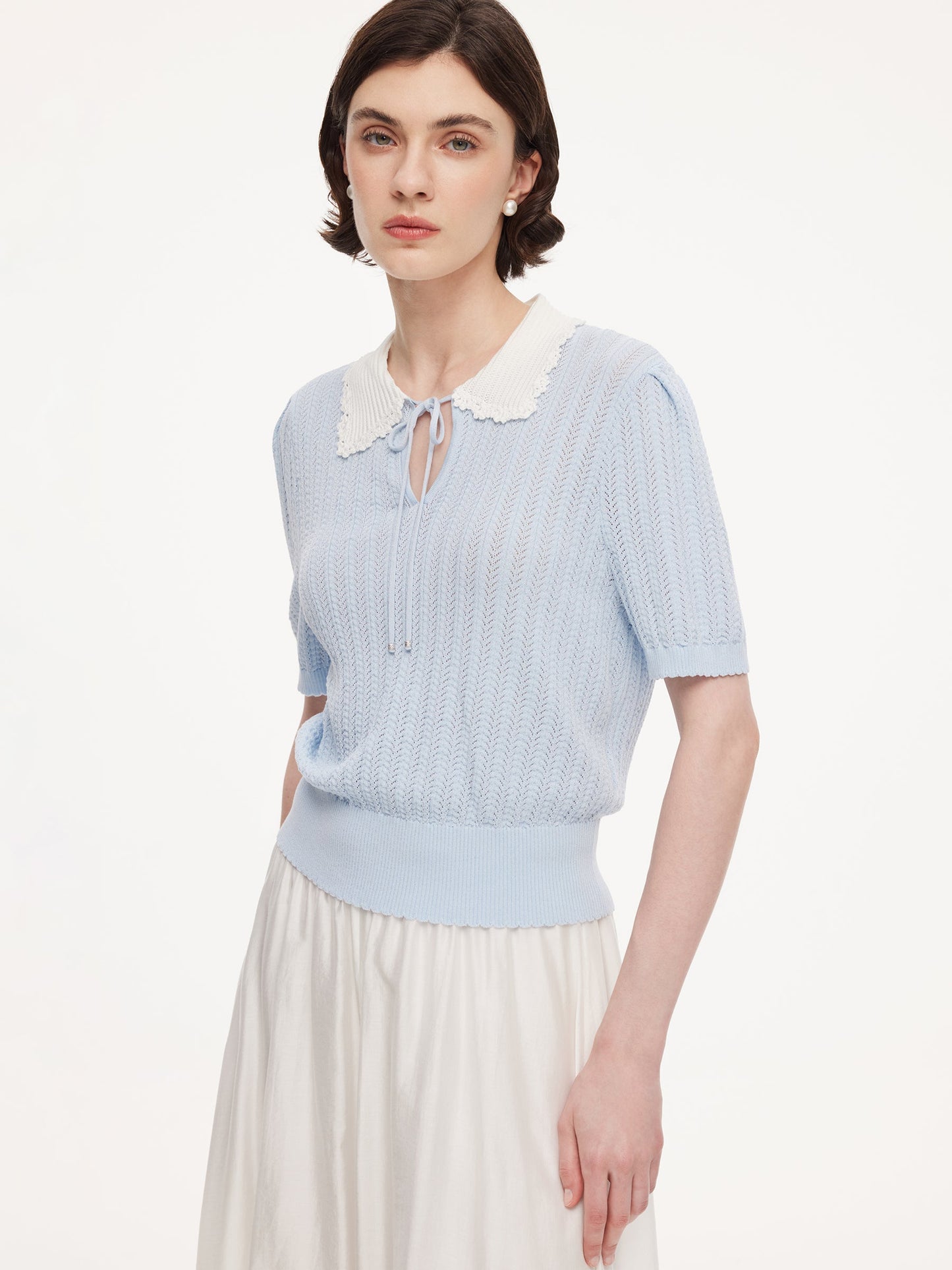 Tencel Blend Color Block Tie Front Women Openwork Knit Top