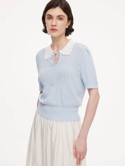 Tencel Blend Color Block Tie Front Women Openwork Knit Top