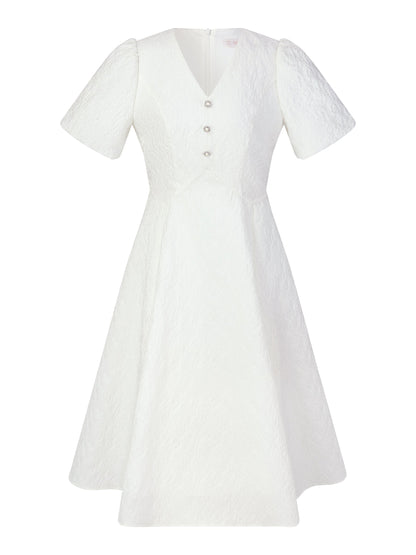 Jacquard Puff Sleeve Women Midi Dress
