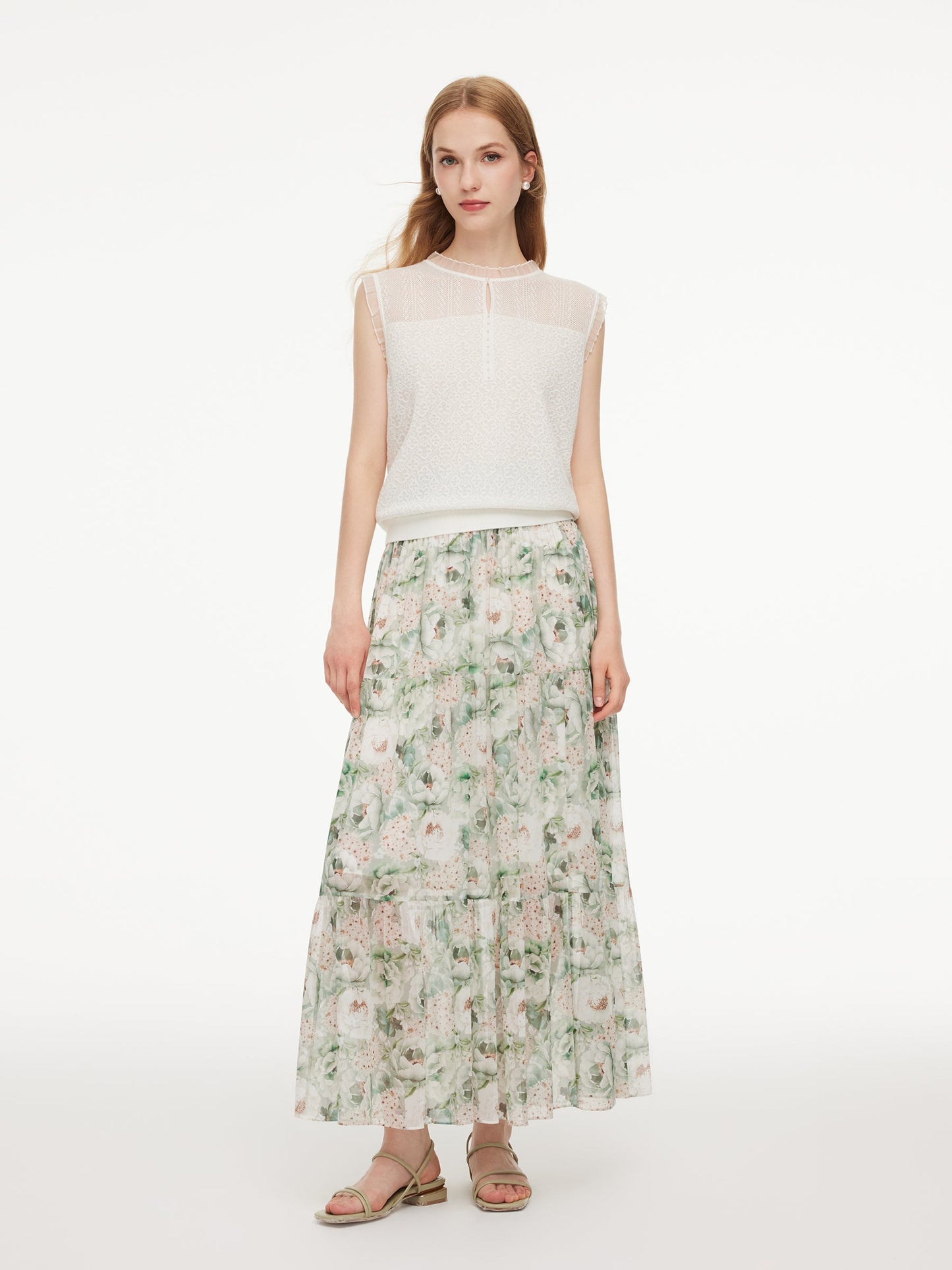Jacquard Cut Out Neckline Women Ruffle Knit Tank Top