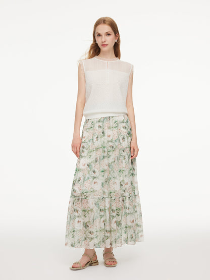 Jacquard Cut Out Neckline Women Ruffle Knit Tank Top