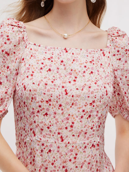 Floral Print Side Slit Women Ruched Sleeve Maxi Dress
