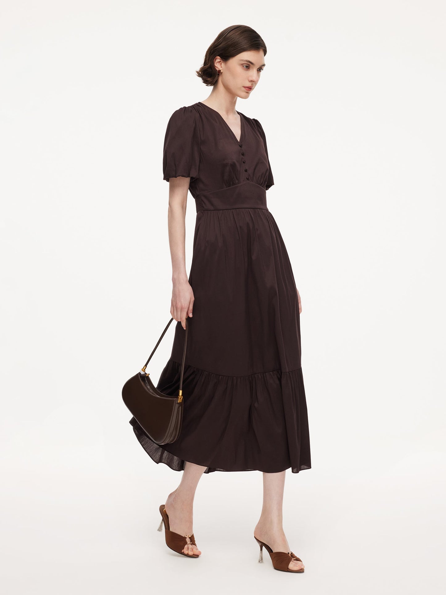 Cotton Blend V-Neck Women A-Line Tiered Maxi Dress