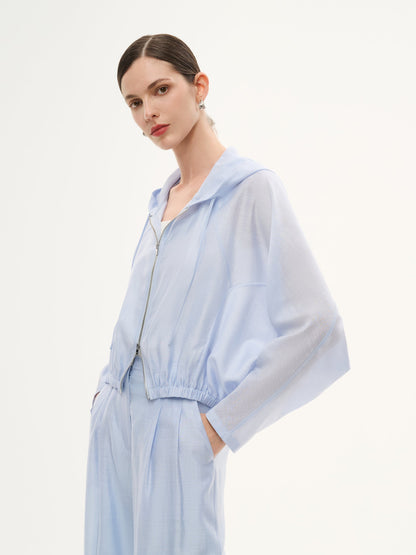 Tencel Acetate Linen Blend Women Zip-Up Hooded Cropped Jacket