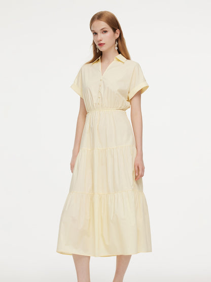 100% Cotton V-Neck Back Tie Women Maxi Shirt Dress