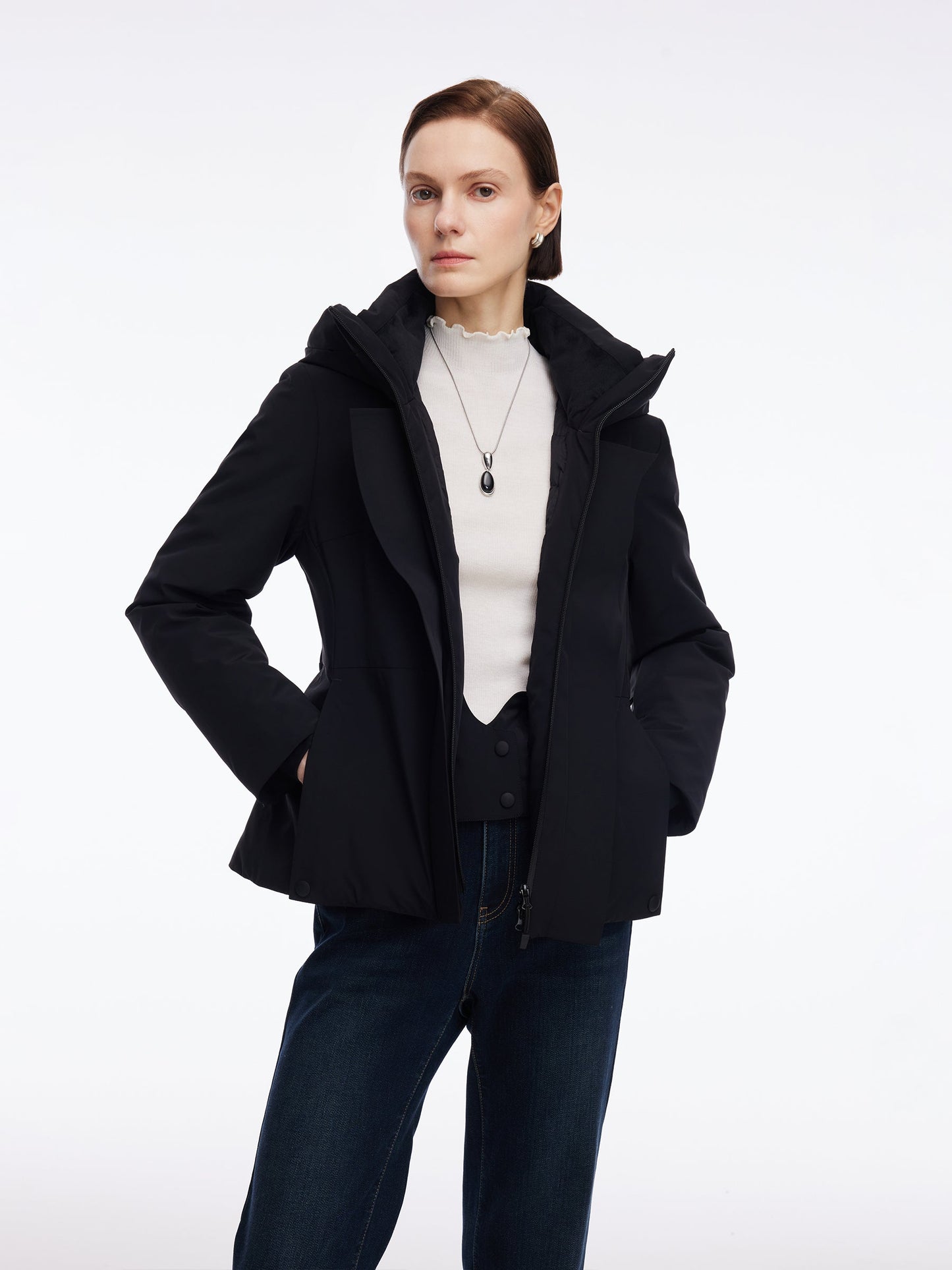 Gathered Waist Hooded Goose Down Jacket With Belt