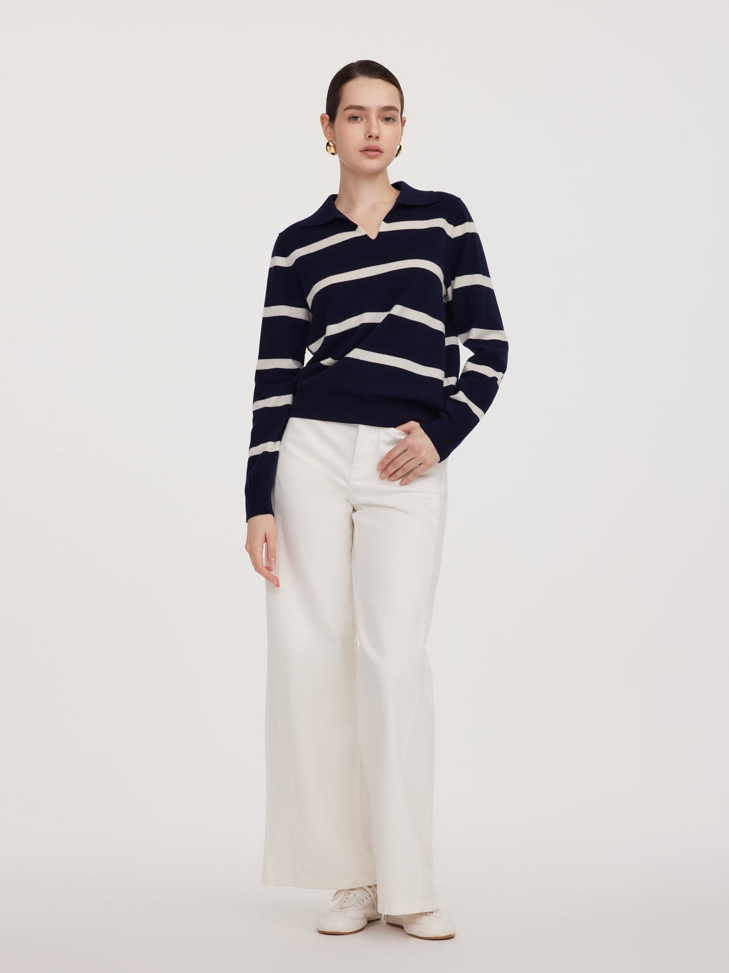 100% Wool Stripe Women Polo Sweater