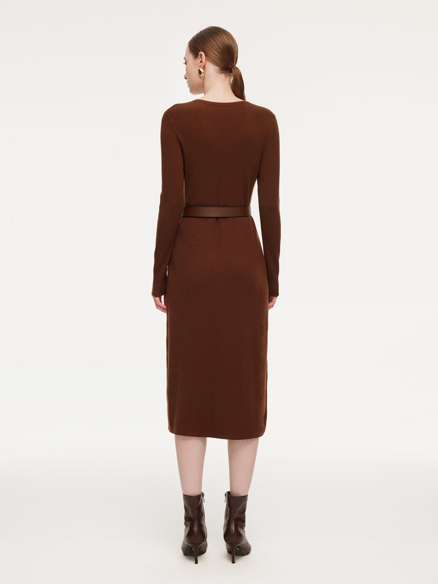 Tencel Wool Blend Women Midi Dress With Leather Belt