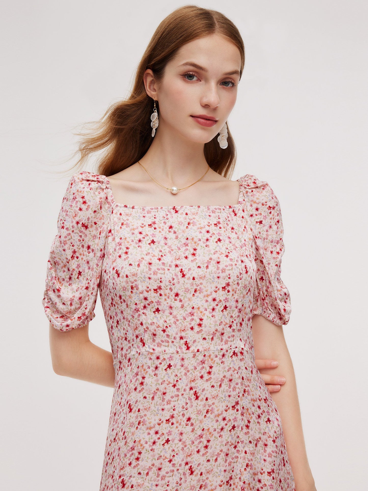 Floral Print Side Slit Women Ruched Sleeve Maxi Dress