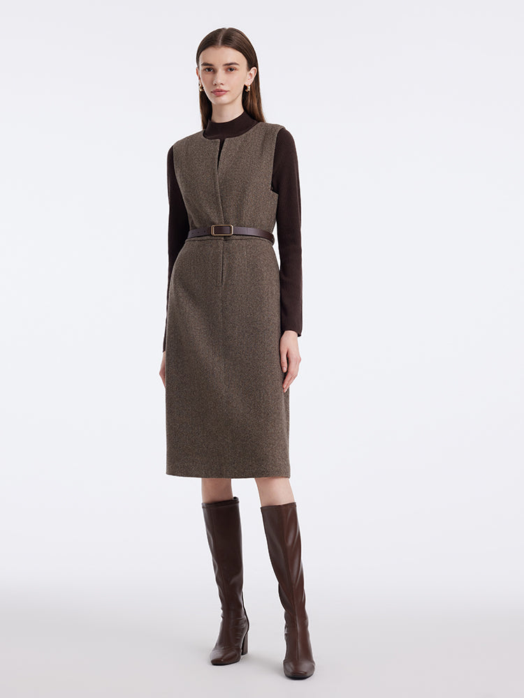 Washable Wool Vest Dress And Knitted Sweater Two-Piece Set With Belt