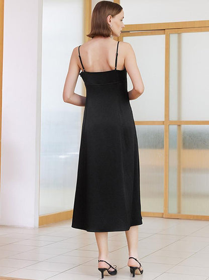 Black Triacetate Spaghetti Strap Midi Dress