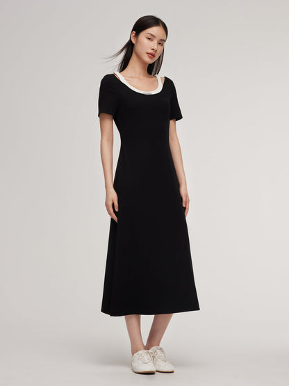 Pre-Order Faux Two-Piece Patchwork Slim Fit Women T-Shirt Maxi Dress
