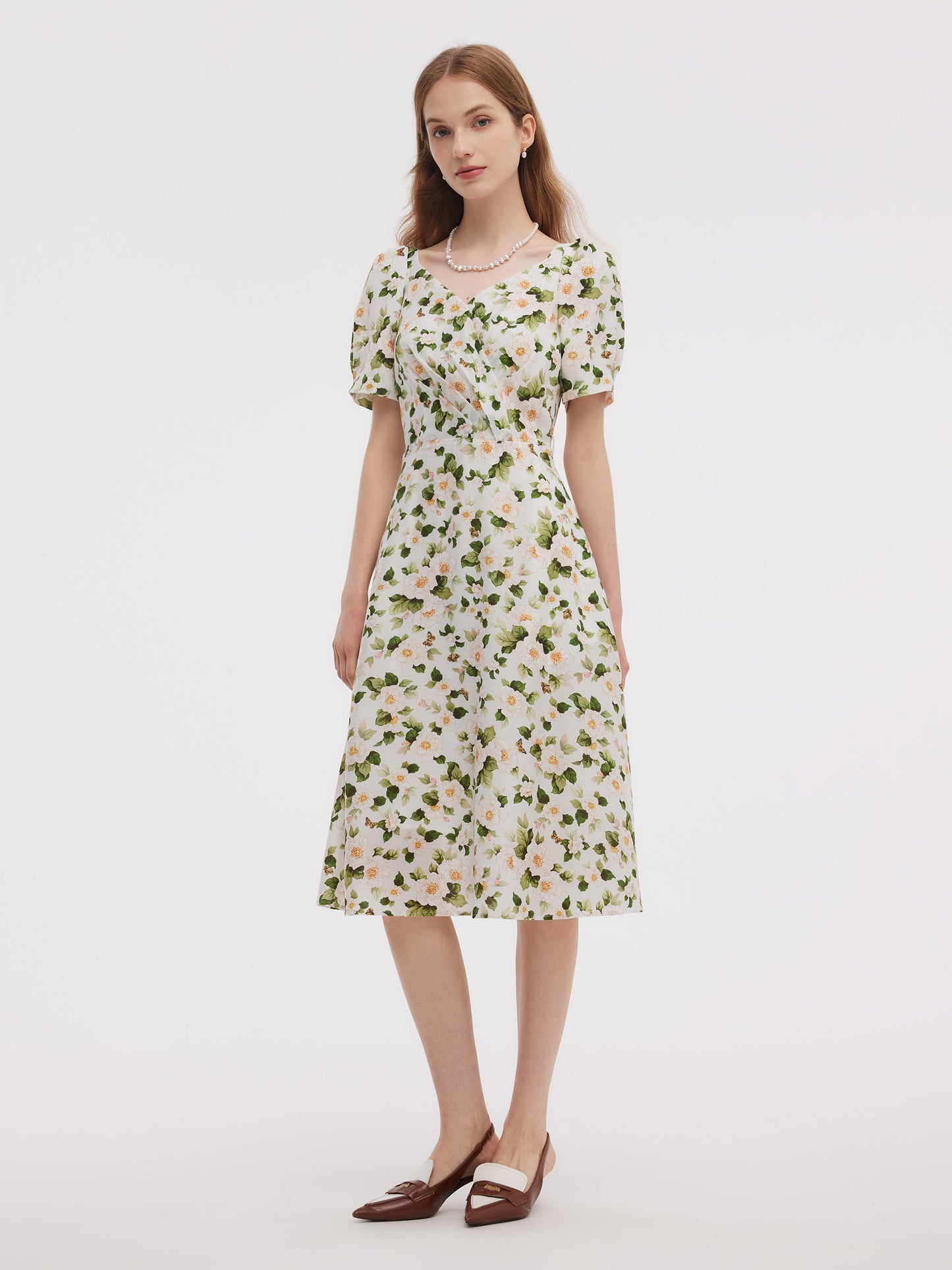 Acetate Blend Floral Print Women V-Neck Midi Dress With Belt