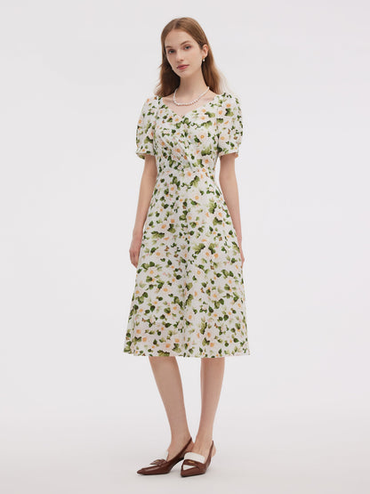 Acetate Blend Floral Print Women V-Neck Midi Dress With Belt
