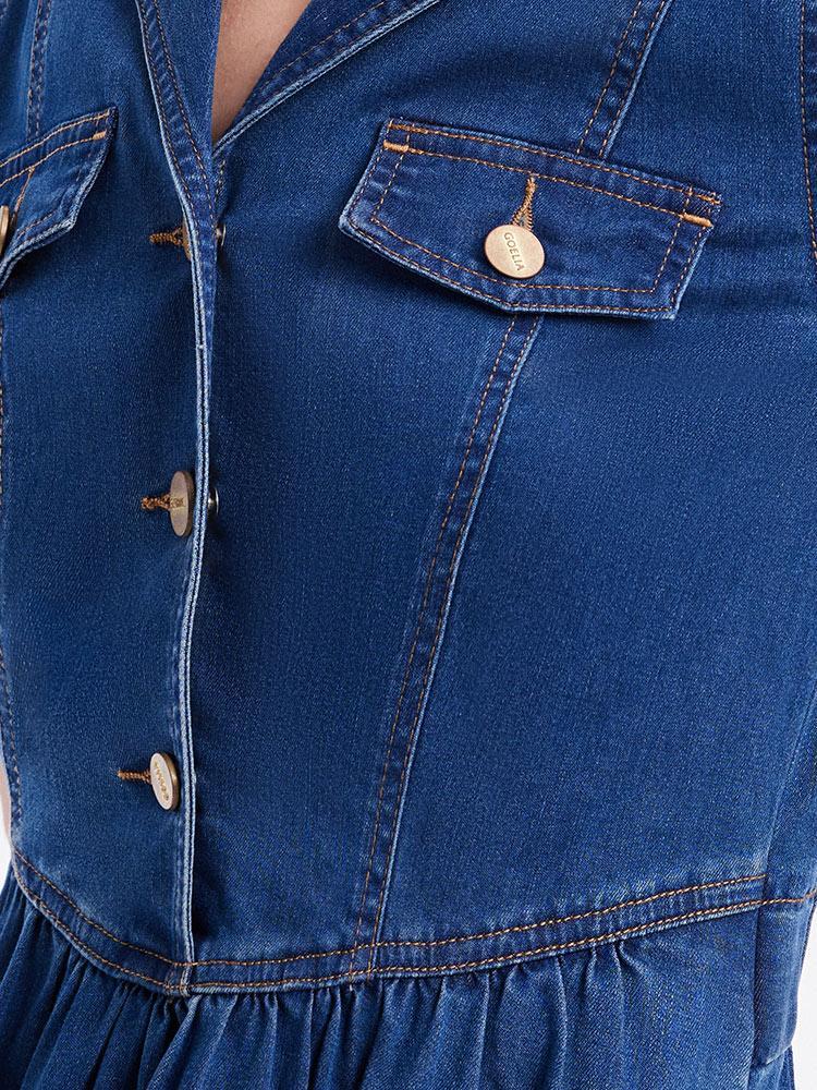 V-neck Gathered Waist Denim Midi Collared Dress
