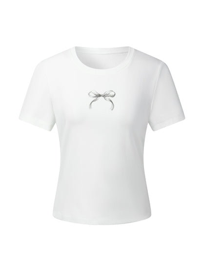 Bowknot Print Gathered Waist Women T-Shirt