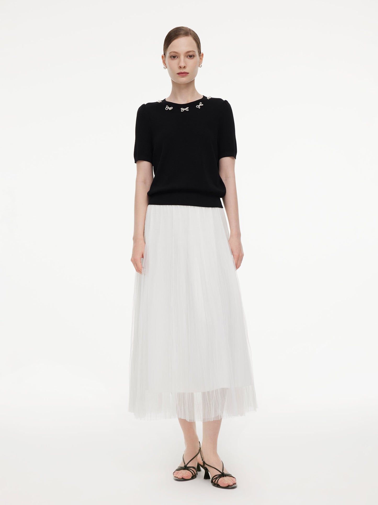 Lyocell Blend Beaded Bowknot Women Knit Top
